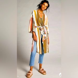 Anthropologie Mignon Doo Watercolor Kimono One Size Belted, Pink, Gold, Ivory